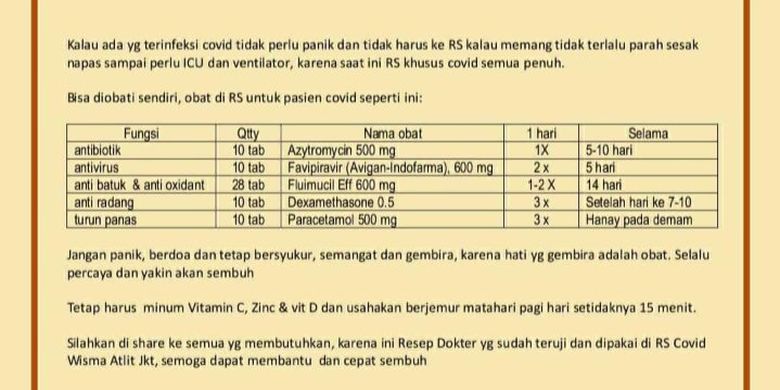 Sebuah foto berisi resep obat untuk isolasi mandiri pasien Covid-19 beredar di WhatsApp