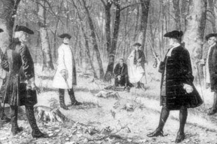 Duel antara Aaron Burr dan Alexander Hamilton. (karya John Lord pada 1902 via Britannica)