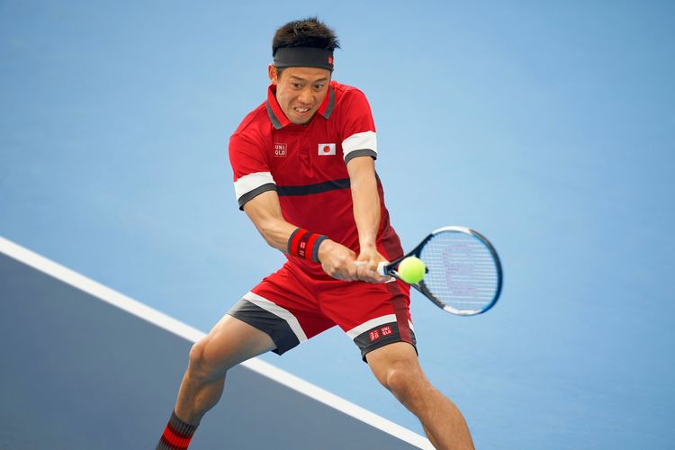 Kei Nishikori mengenakan seragam tanding Uniqlo 20 