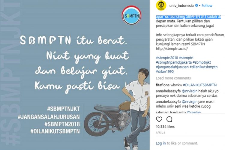 Instagram Universitas UI memberikan semangat peserta SBMPTN dengan gaya kekinian.
