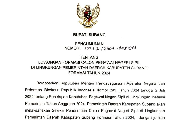 Pengumuman seleksi dan formasi CPNS 2024 di lingkungan Pemerintah Kabupaten Subang.
