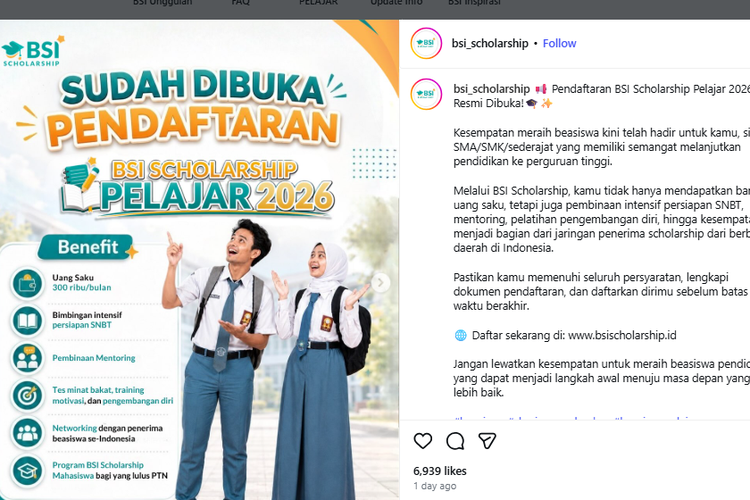BSI Scholarship Pelajar 2026 untuk SMA/Sederajat, Dapat Uang Saku Bulanan dan Bimbingan Persiapan SNBT