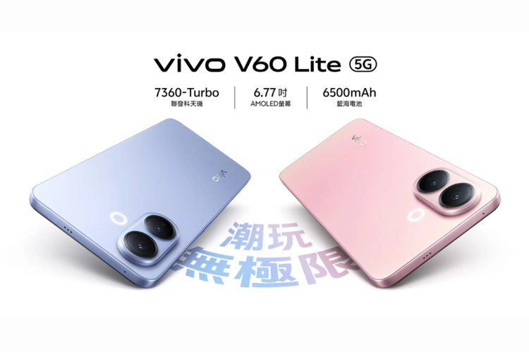 Vivo V60 Lite ditenagai chipset MediaTek Dimensity 7360-Turbo, mengusung layar AMOLED 6,77 inci, dan baterai berkapasitas 6.500 mAh.