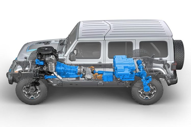 Melihat spesifikasi resminya, Jeep Wrangler 4xe dibekali penggerak hybrid plug-in yang memiliki mesin empat silinder turbo berkapasitas 1.995 cc dengan belt starter generator.