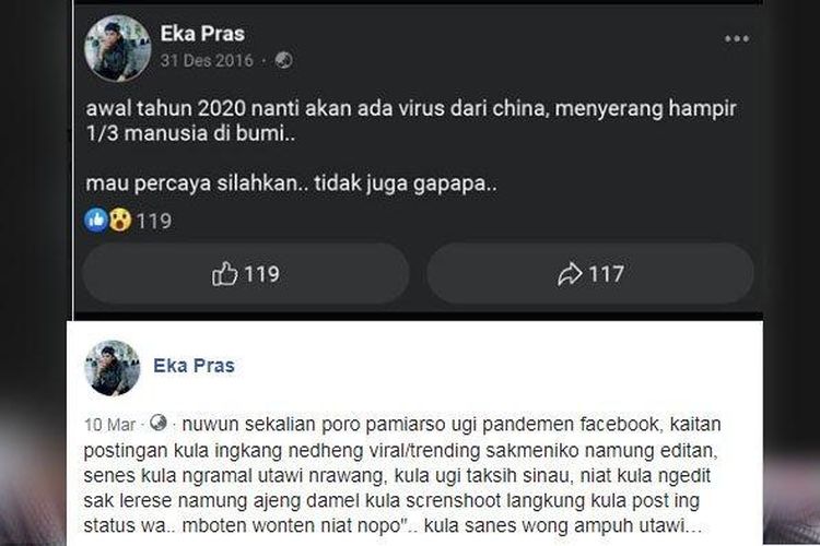 Status soal virus corona yang sempat viral (atas), dan klarifikasi dari pemilik akun (bawah). 