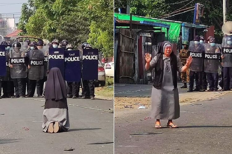 Kolase foto suster Ann Nu Thawng di Myanmar yang memohon agar polisi berhenti menangkapi demonstran.