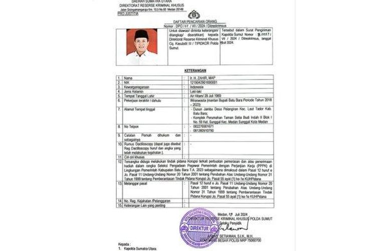 Surat penetapan mantan Bupati Batubara Zahir sebagai buronan yang dikeluarkan Kepolisian Daerah Sumatera Utara.