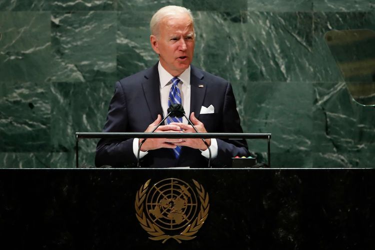 Presiden Joe Biden berpidato di Sidang ke-76 Majelis Umum PBB di markas besar PBB di New York, 21 September 2021.