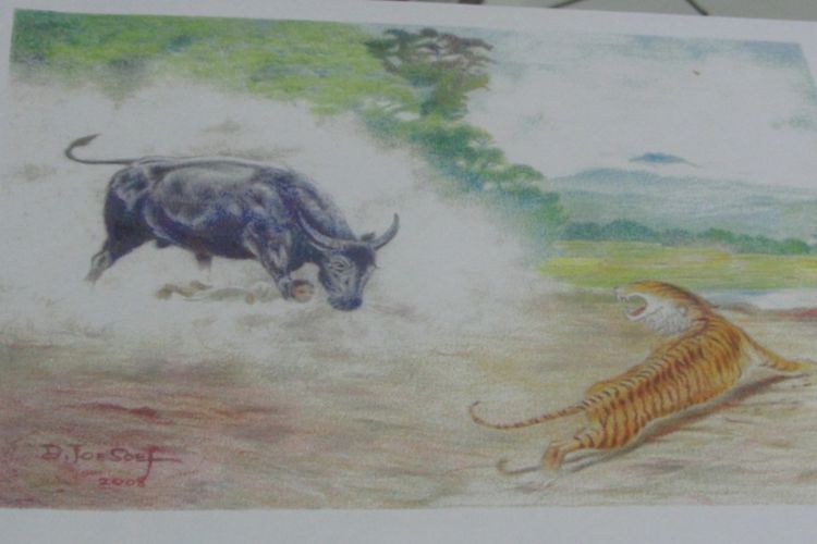 Lukisan karya Daoed Joesoef Kerbau dan Harimau, kebodohan lawan kebuasan.