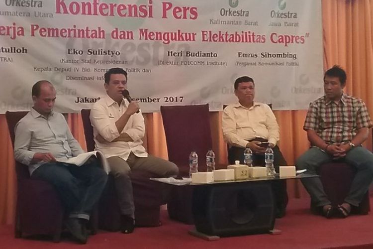 Rilis hasil survei nasional Organisasi Kesejahteraan Rakyat (Orkestra), menunjukkan elektabilitas Partai Gerindra tertinggi diantara partai-partai lain, Jakarta, Minggu (3/12/2017). Isu UU Ormas dan Pilkada DKI Jakarta melambungkan keterpilihan Partai Gerindra.