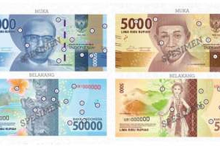 Uang baru pecahan Rp 50.000 dan Rp 5.000 yang diluncurkan Bank Indonesia, Senin (19/2/2016).