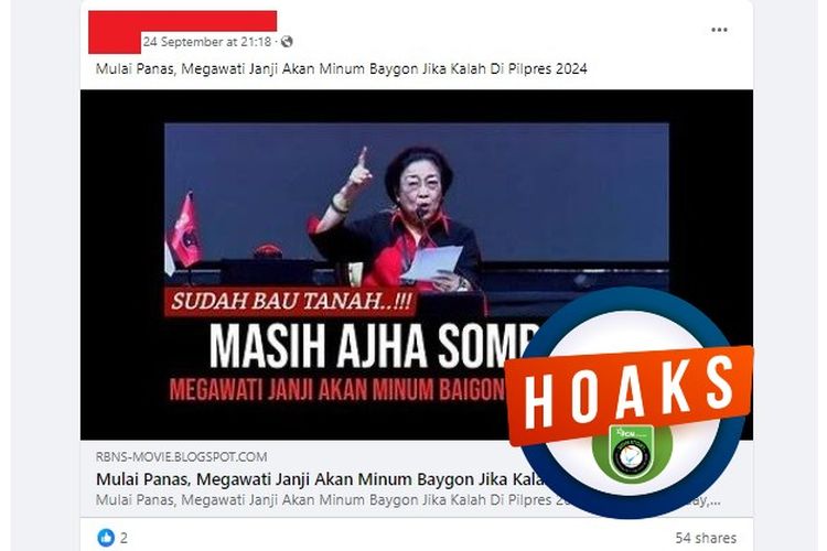 Tangkapan layar Facebook narasi yang menyebut Megawati berjanji akan minum obat nyamuk jika PDI-P kalah di Pilpres 2024