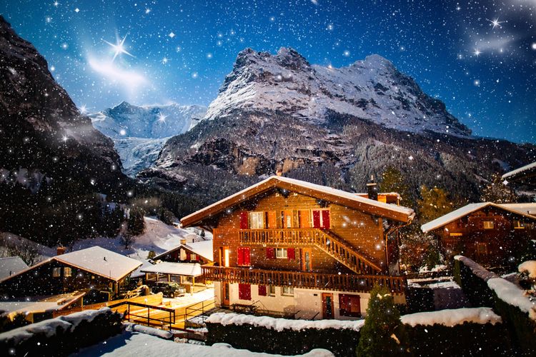 Ilustrasi rumah di Grindelwald, Swiss. 