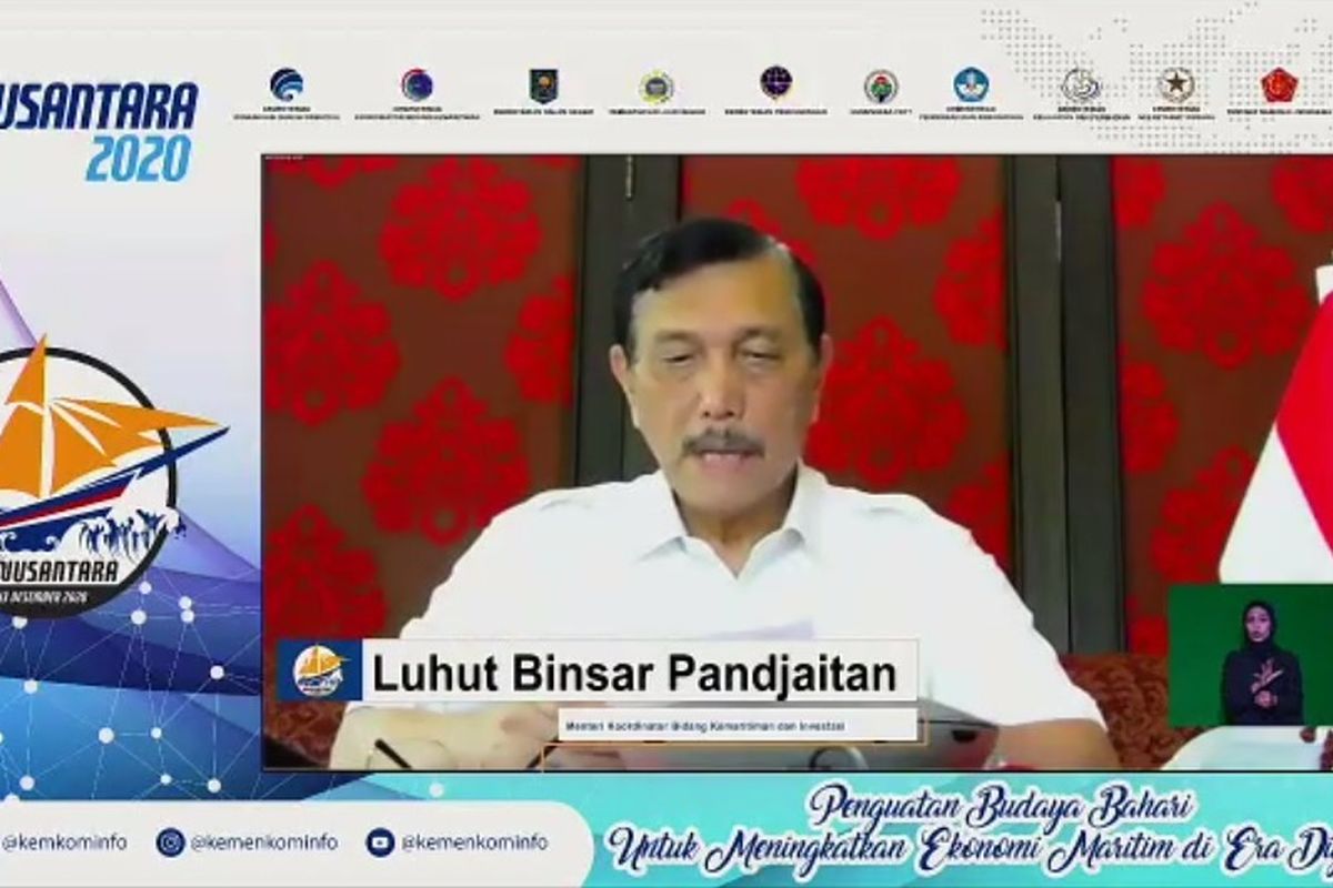 Menko Kemaritiman dan Investasi Luhut Binsar Pandjaitan memberikan sambutan dalam peringatan Hari Nusantara ke-63 secara daring, Jakarta, Minggu (13/12/2020).