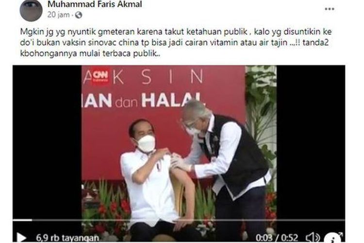 Tangkapan layar unggahan Facebook sebuah akun yang menyebut cairan yang disuntikkan kepada Presiden Jokowi bukan vaksin, melainkan vitamin atau air tajin. Informasi ini hoaks.