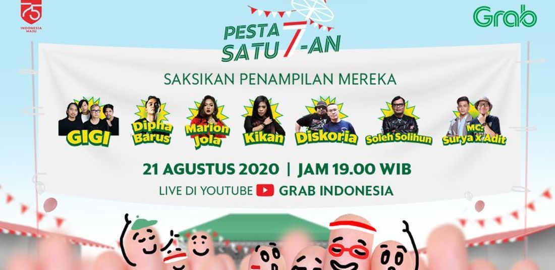 Konser virtual digelar oleh Grab Indonesia. Pengguna aplikasi Grab bisa mendapatkan tiketnya dengan mengikuti lomba panjat pinang virtual.