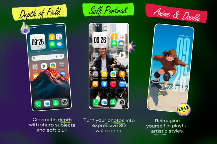 XOS 16 menghadirkan fitur personalisasi berbasis AI, seperti efek kedalaman (depth of field), wallpaper 3D dari foto pengguna, serta gaya visual anime dan doodle.