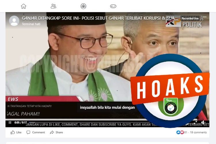 Tangkapan layar Facebook narasi yang menyebut Ganjar Pranowo ditangkap polisi karena korupsi dan menyuap KPK