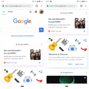 Tampilan kartu-kartu dalam feed Discover di bawah kolom search utama, di laman mobile Google.  