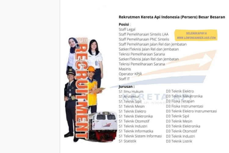 Tangkapan layar unggahan yang menyebutkan PT KAI membuka 11 posisi beredar di media sosial pada Minggu (17/4/2022).