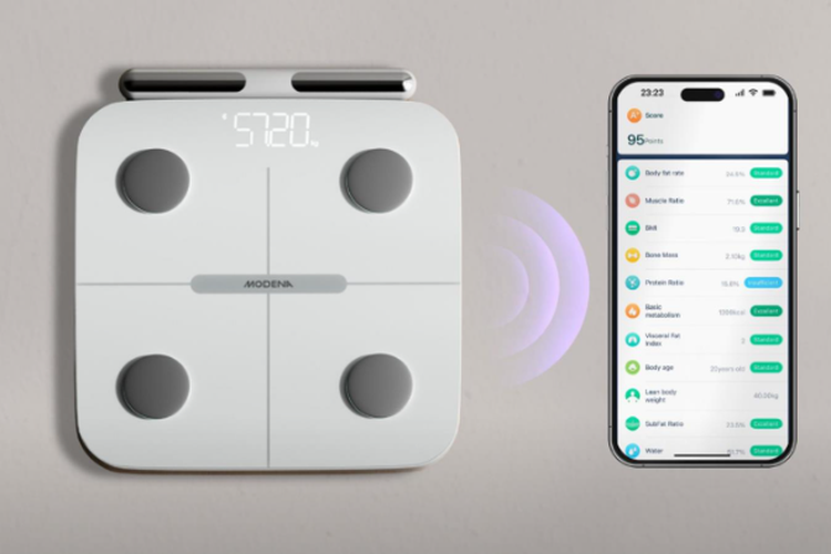 Seluruh data timbangan akan langsung terintegrasi ke aplikasi Modena Seamless untuk pemantauan komposisi tubuh secara menyeluruh