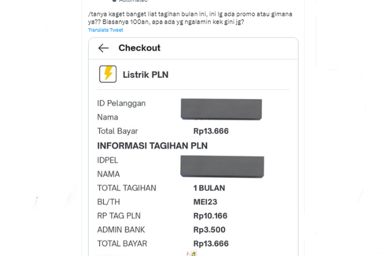 Tangkapan layar twit soal tagihan listrik pascabayar lebih rendah dari biasanya