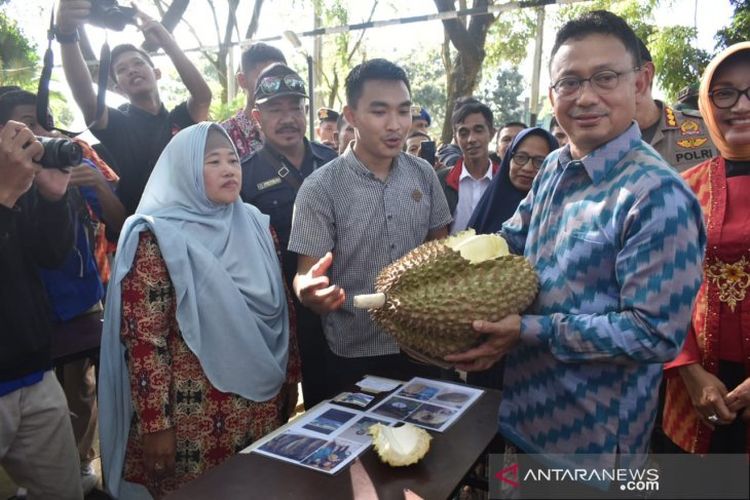 Wali Kota Pontianak, Edi Rusdi Kamtono mengangkat Si Jampang Montong, buah durian hampir 10 kilogram milik warga Desa Sempalai, Kecamatan Sebawi, Kabupaten Sambas.
