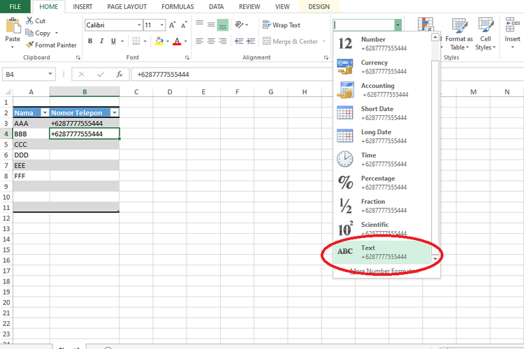 Ilustrasi cara masukan nomor telepon di Excel