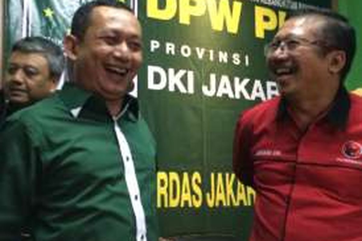 Ketua DPW PKB DKI Jakarta Hasbiallah Ilyas (kiri) dan Plt Ketua DPD PDI-P Jakarta Bambang DH di kantor DPW PKB DKI Jakarta, Selasa (2/8/2016).