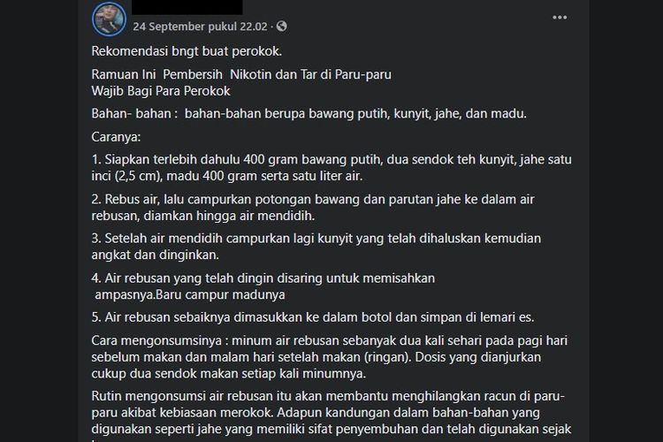 Tangkapan layar hoaks ramuan bawang putih untuk membersihkan paru-paru dari nikotin dan tar akibat kebiasaan merokok.