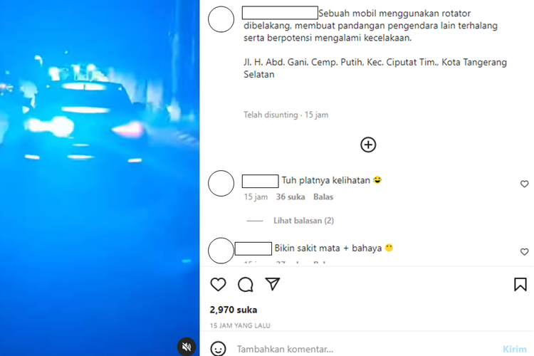 Tangkapan layar unggahan video yang memperlihatkan bagian belakang mobil sedan terpasang lampu rotator berwarna biru yang menyilaukan pengendara lain.