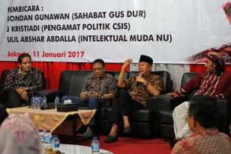 Salah seorang sahabat dekat Gus Dur, Bondan Gunawan,.dalam acara saresehan mengenang tujuh tahun wafatnya Gus Dur di kantor MMD Initiative, Matraman, Jakarta Pusat, Rabu (11/1/2017).