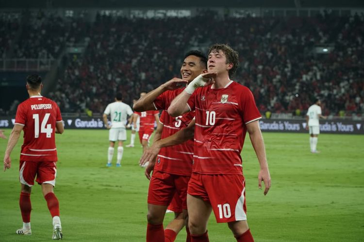 Selebrasi Ole Romeny dalam laga Timnas Indonesia vs Oman di Stadion Utama Gelora Bung Karno, Jakarta, Jumat (5/6/2026).