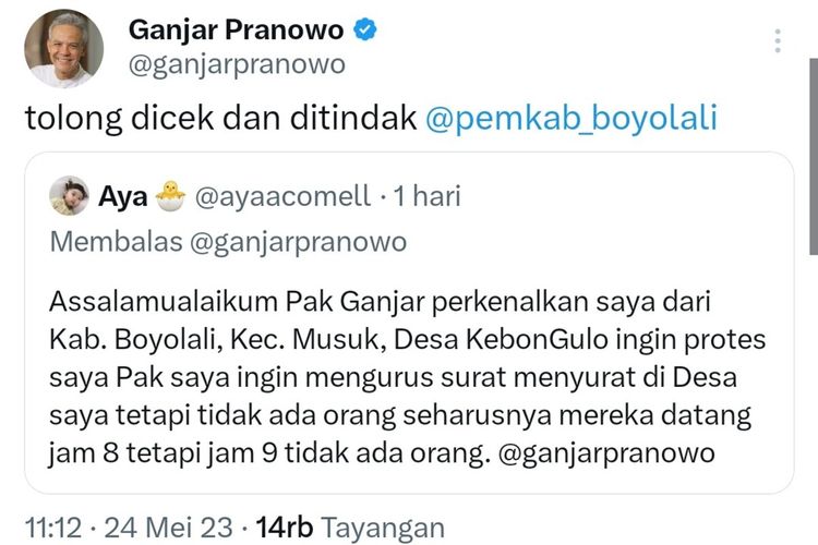 Tangkapan layar pengguna Twitter asal Boyolali mengadukan soal pelayanan di kantor desanya di Boyolali dengan menandai Twitter Ganjar Pranowo.