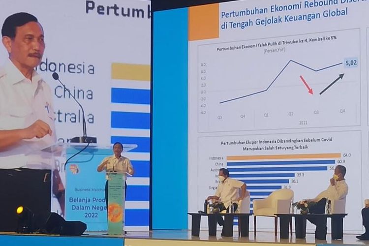 Menteri Koordinator Bidang Kemaritiman dan Investasi Luhut Binsar Pandjaitan saat memberi sambutan dalam acara Business Matching Belanja Produk Dalam Negeri 2022 di Hotel Grand Hyatt, Nusa Dua, Badung, Bali. KOMPAS.COM/YohanesValdiSeriangGinta