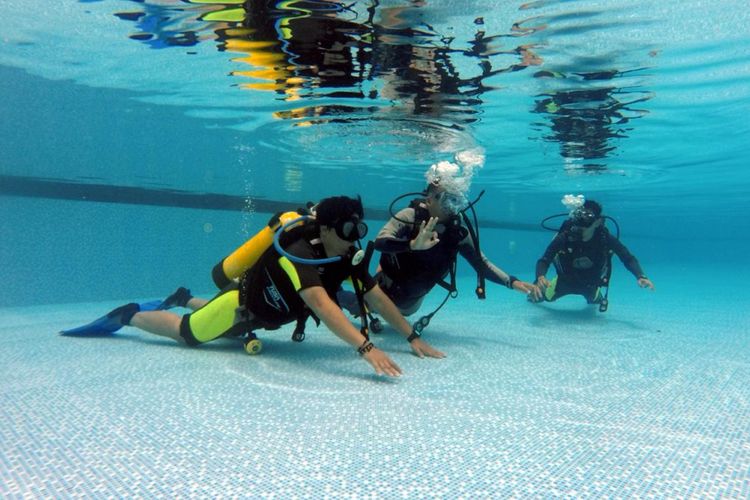 Beberapa orang sedang belajar diving, dalam tahapan Try Scuba Dive.