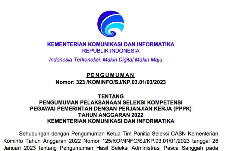 Tangkapan layar informasi mengenai PPPK Teknis Kementerian Kominfo Tahun 2022