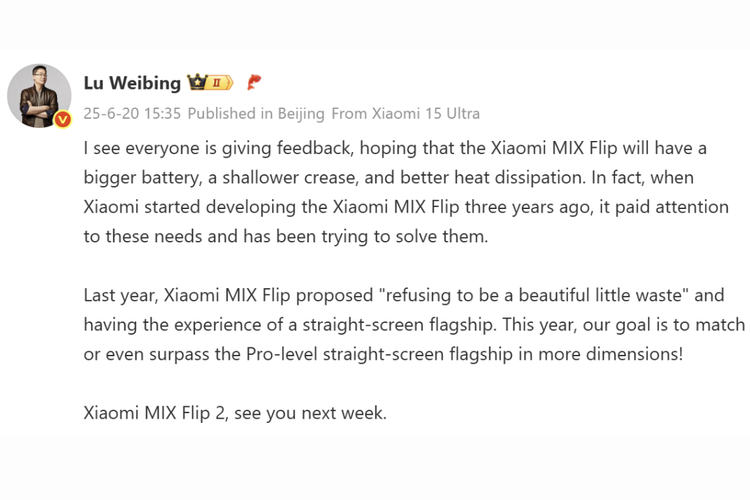 Tangkapan layar unggahan Presiden dan Mitra Xiaomi Group, Lu Wibing, yang mengatakan bahwa HP lipat Xiaomi Mix Flip 2 akan meluncur pekan ini.