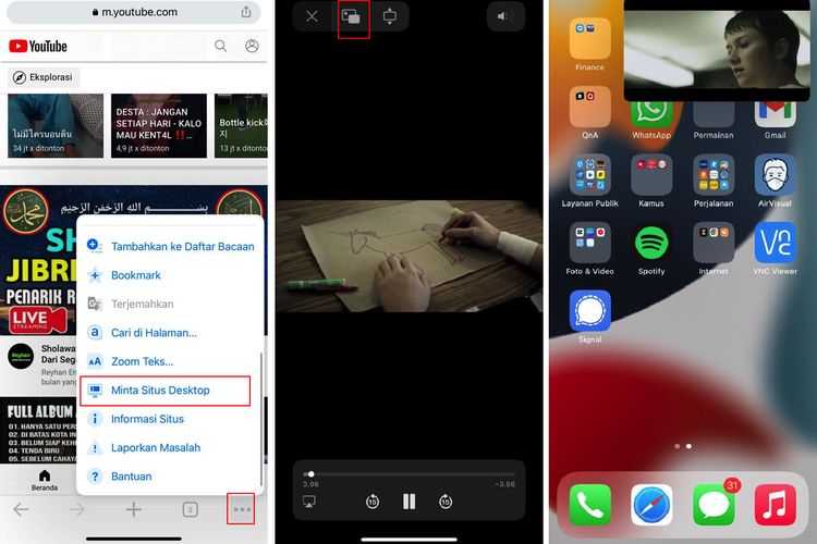 Ilustrasi cara nonton YouTube sambil buka aplikasi lain di iPhone via Chrome.