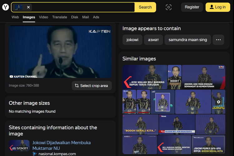 Tangkapan layar pencarian gambar di Yandex soal pidato Jokowi di Bali Maret 2022 lalu.