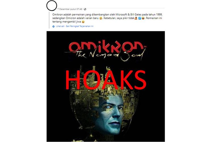Tangkapan layar unggahan Facebook tentang hoaks game Omikron 1999 buatan Bill Gates
