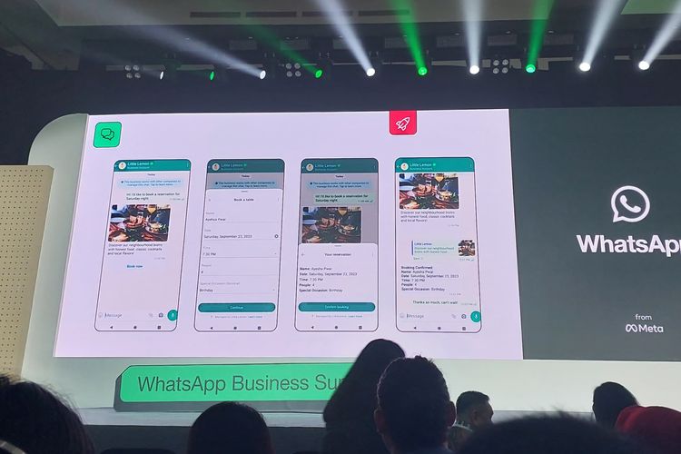 Fitur WhatsApp Flows memungkinkan pelaku usaha bisa menyediakan berbagai macam layanan untuk pelanggannya, misalnya memesan makanan lewat chat di WA Business. Fitur ini dipamerkan di WhatsApp Business Summit, di Jakarta, Rabu (1/11/2023)