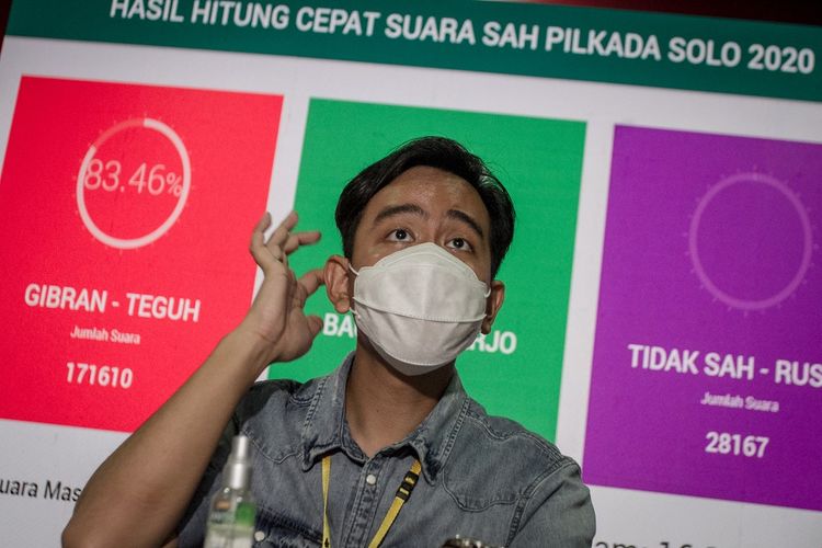 Calon Wali Kota Solo dari Partai PDI Perjuangan Gibran Rakabuming Raka menggelar jumpa pers terkait hasil hitung cepat internal partai di kantor DPC PDI Perjuangan, Purwosari, Solo, Jawa Tengah, Rabu (9/12/2020). Berdasarkan hasil hitung cepat internal partai hingga Rabu (9/12/2020) sore, pasangan Gibran Rakabuming Raka-Teguh Prakosa memperoleh suara sekitar 85 persen, atau unggul atas pasangan Bagyo Wahyono-FX. Suparjo dengan suara sekitar 14 persen pada pemilihan Wali Kota dan Wakil Wali Kota Solo Pilkada 2020. ANTARA FOTO/Mohammad Ayudha/aww. 