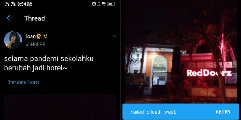 Tangkapan layar dari unggahan milik pengguna Twitter @N0LEP seputar papan nama RedDoorz yang terpampang di depan SMK Negeri 4 Malang.