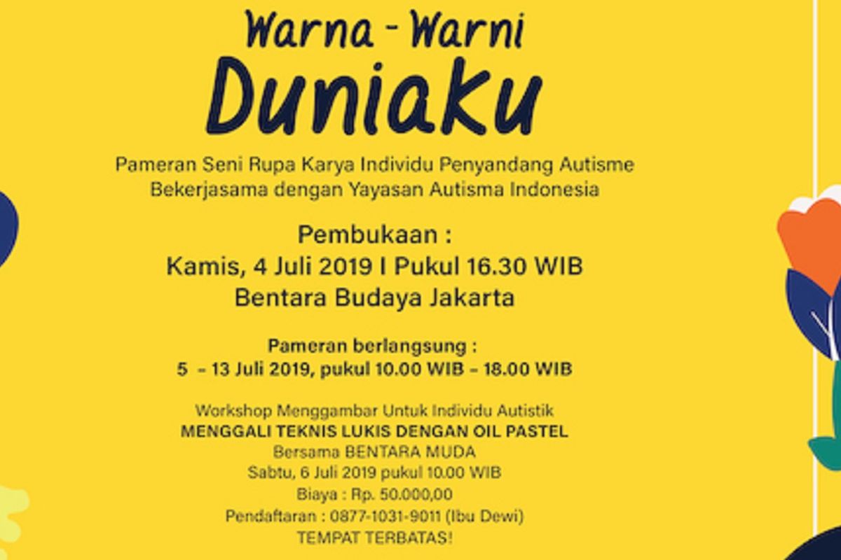 Pameran Seni Rupa Karya Individu Penyandang Autisme: Warna-warni Duniaku dibuka di Bentara Budaya Jakarta pada Kamis, 4 Juli 2019.