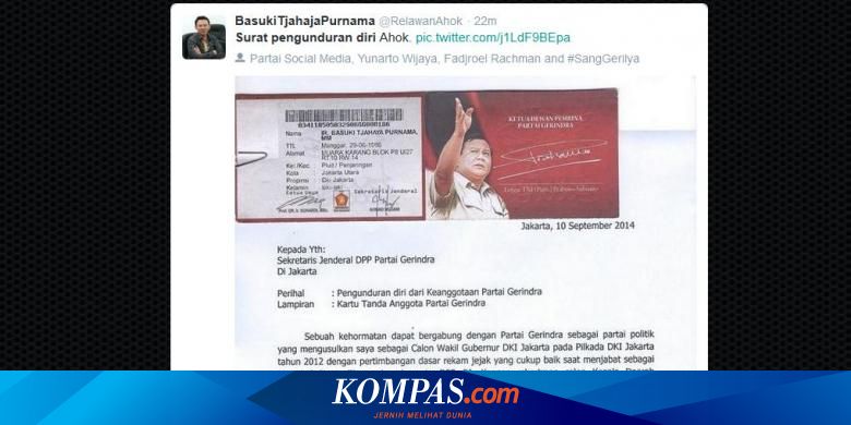 Gerindra Benarkan Surat Pengunduran Diri Yang Beredar Di Medsos Adalah Milik Ahok