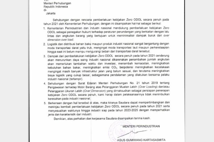 Surat Menteri Perindustrian untuk Menteri Perhubugan terkait ODOL