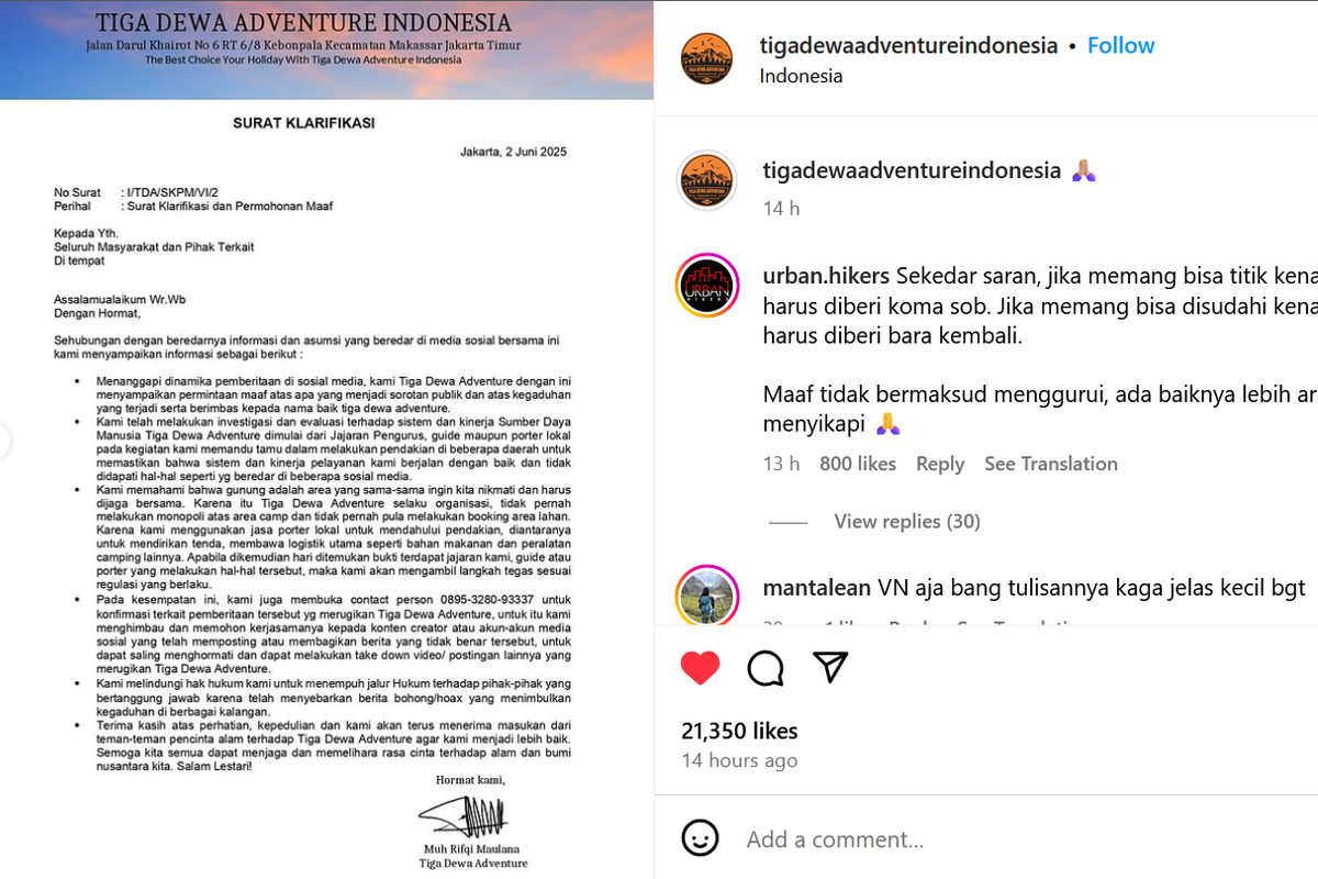 Surat klarifikasi yang diunggah oleh Tiga Dewa Adventure Indonesia di akun Instagram miliknya
