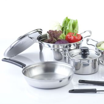 Ilustrasi peralatan masak stainless steel, panci stainless steel.