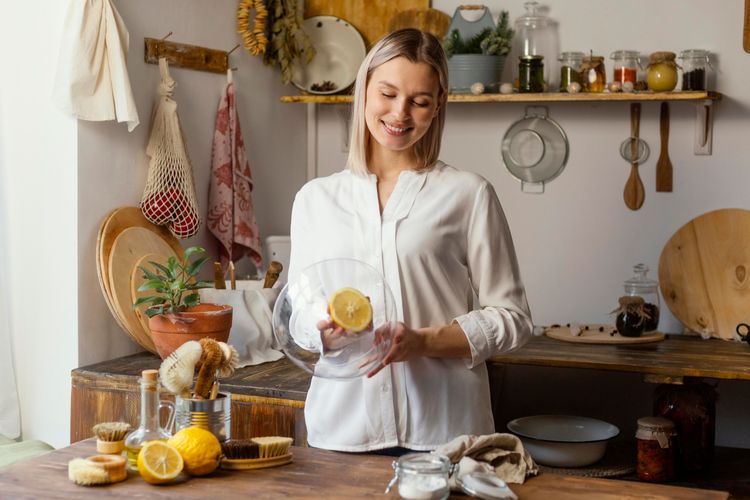 Ilustrasi membersihkan peralatan makan dengan lemon.